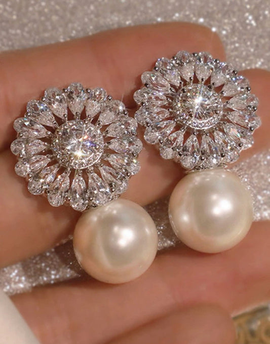 1pair Retro Bridal Cubic Zirconia & Pearl Earrings 500