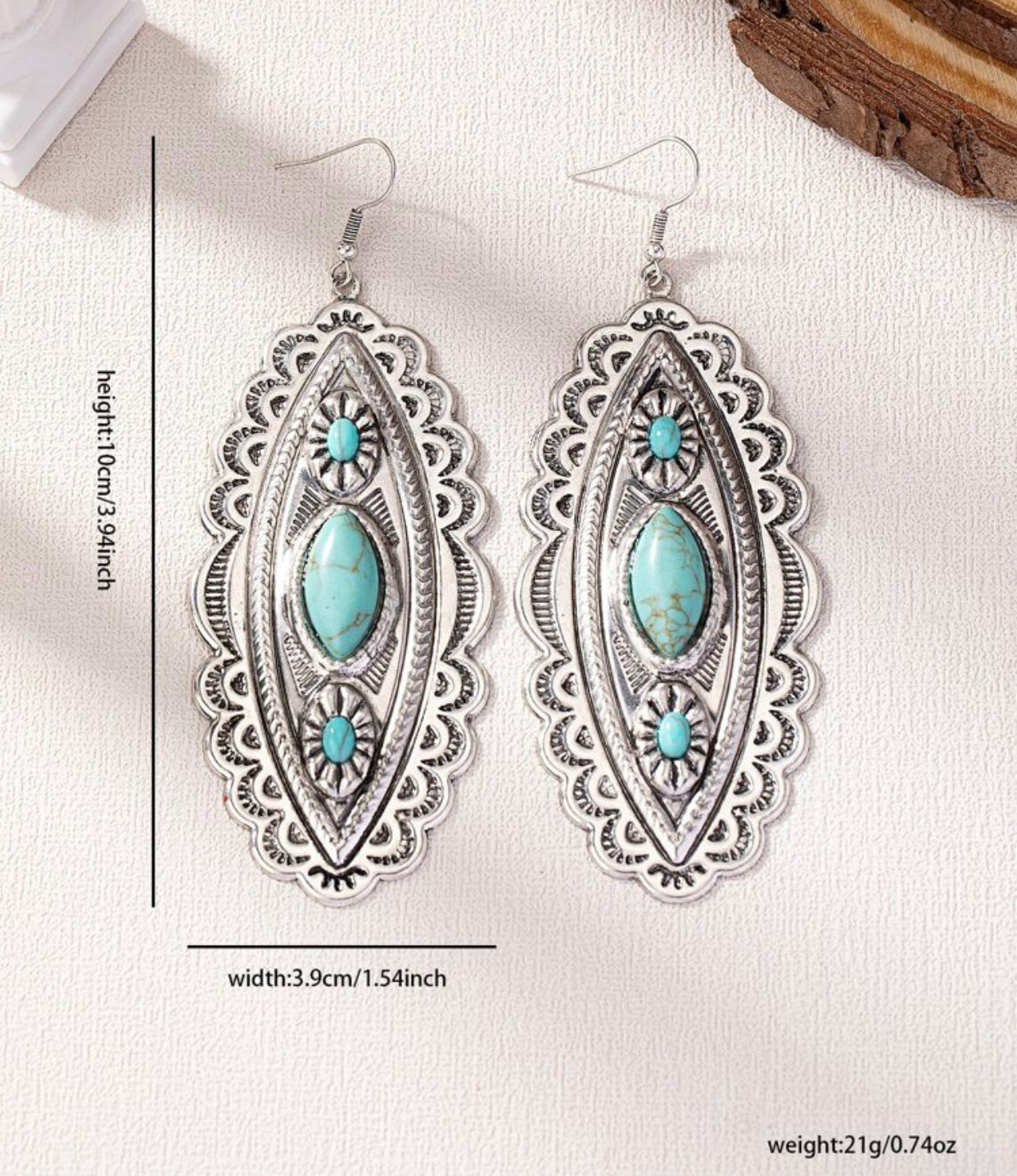 Western Turquoise Stone Engraved Concho Statement Earring