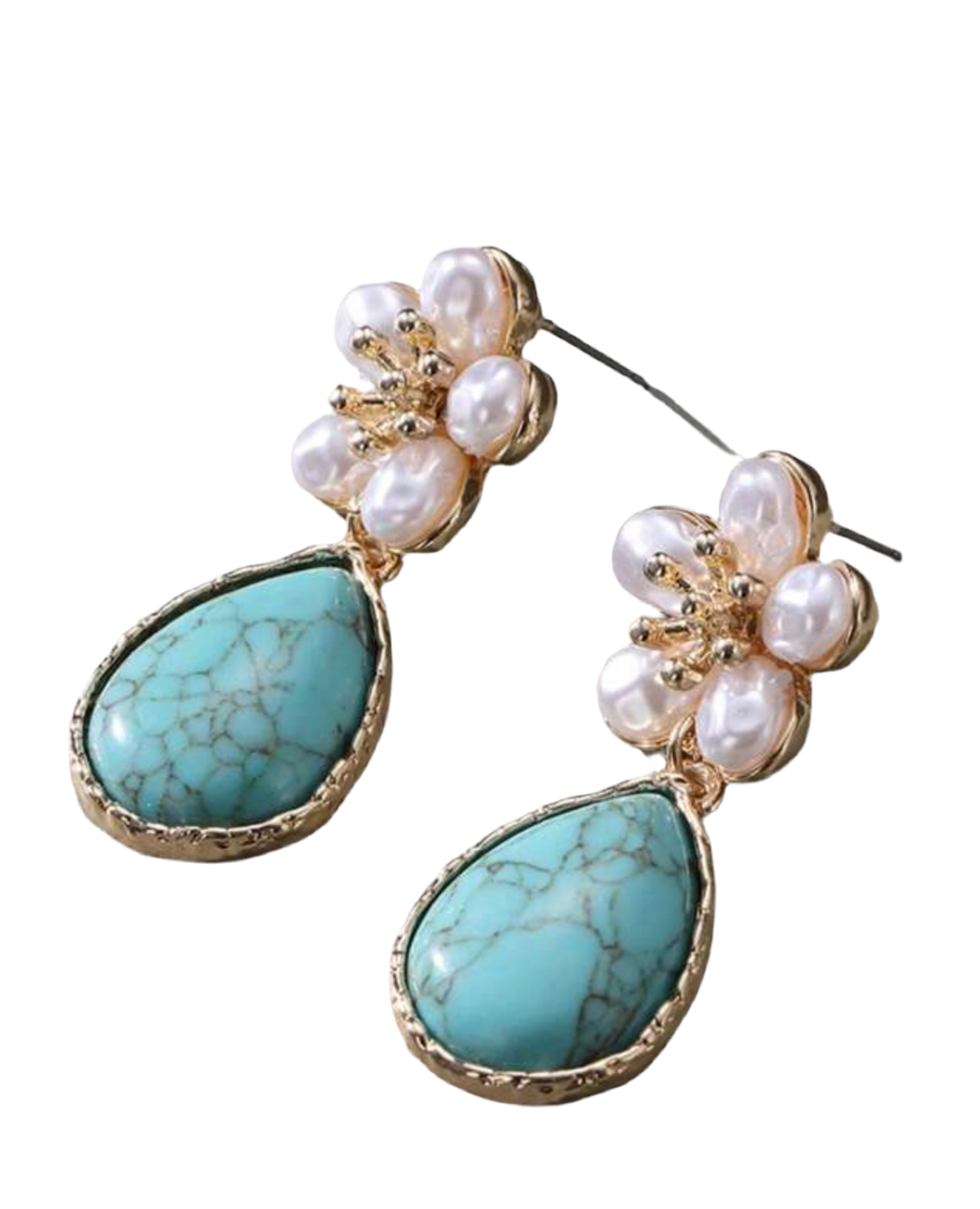 Elegant Turquoise, Faux Pearl & Flower Design Earrings