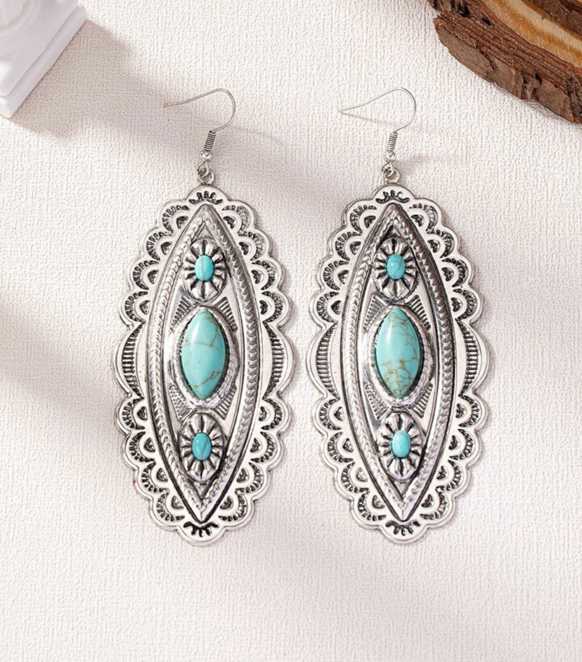 Western Turquoise Stone Engraved Concho Statement Earring