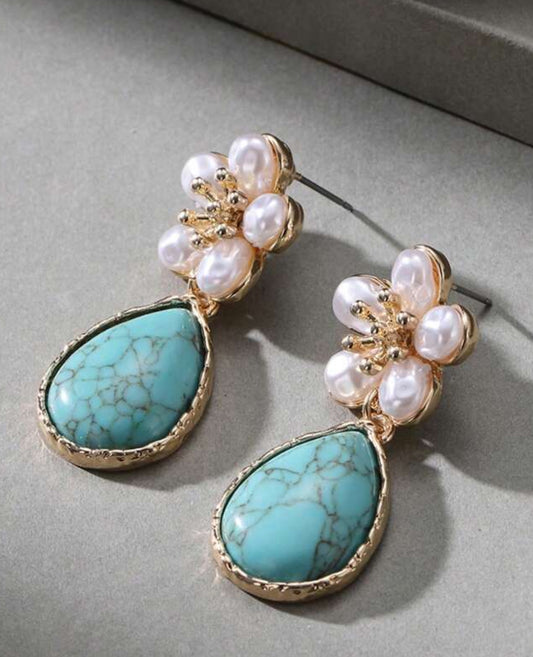 Elegant Turquoise, Faux Pearl & Flower Design Earrings