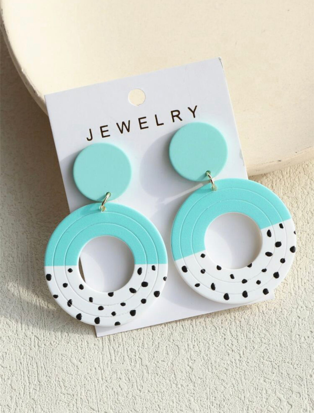 1pair Women's Sky Blue Polka Dot Printed Ceramic Style Hollow Round Acrylic Earrings 504