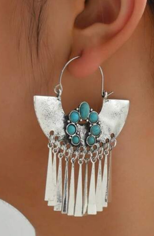 Turquoise Decor Metal Tassel Drop Earrings